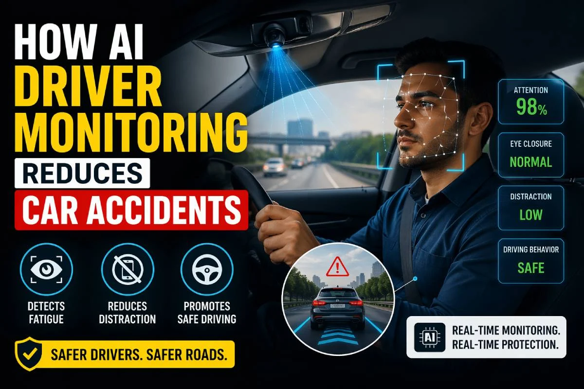 AI driver monitoring system detecting driver attention and fatigue to help reduce car accidents in real time