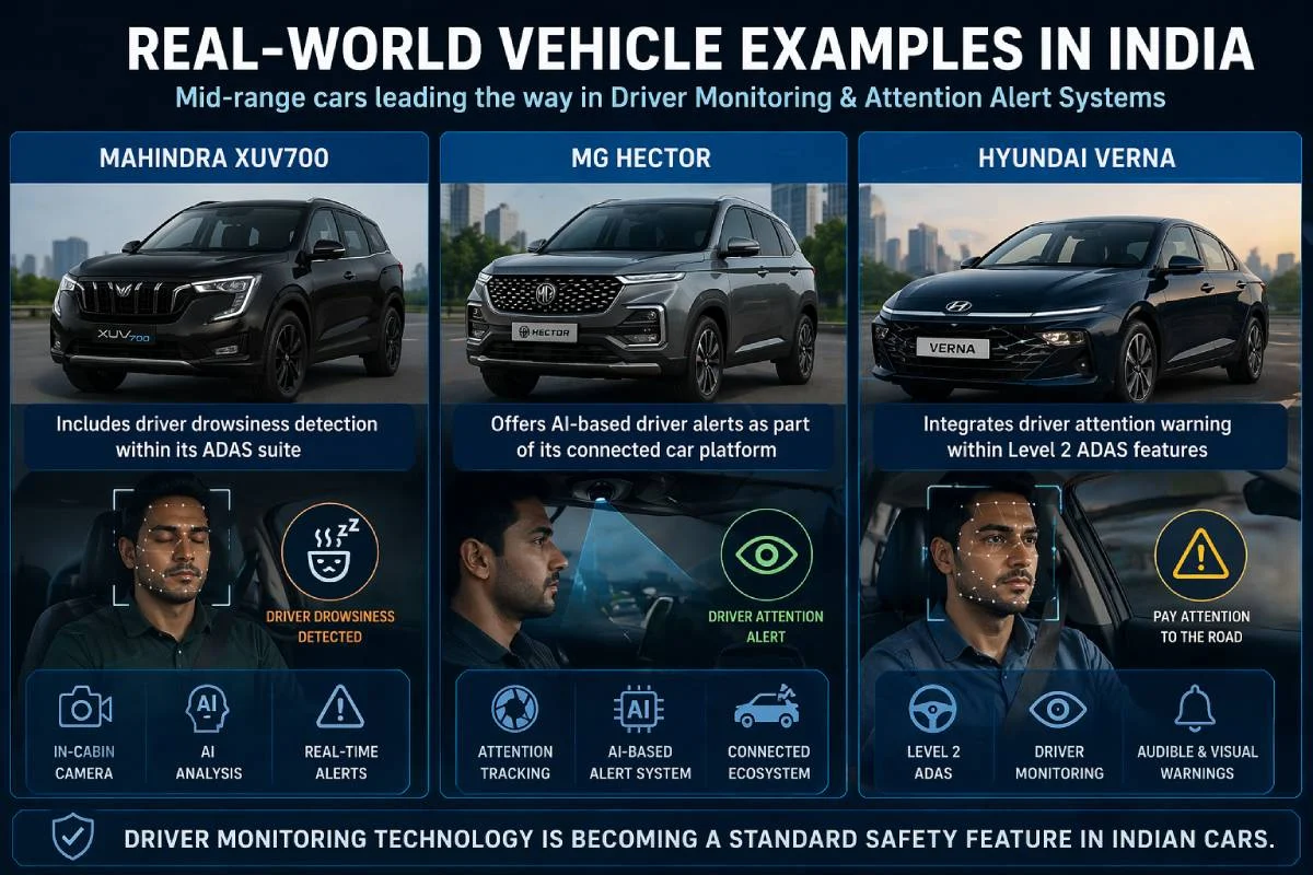 AI driver monitoring systems in India showing Mahindra XUV700, MG Hector, and Hyundai Verna with drowsiness detection and attention alert features