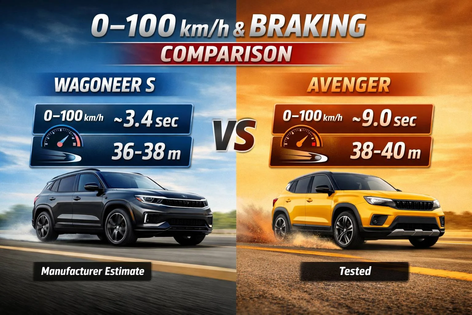 Jeep Wagoneer S vs Avenger acceleration and braking comparison showing 0–100 km/h time and stopping distance