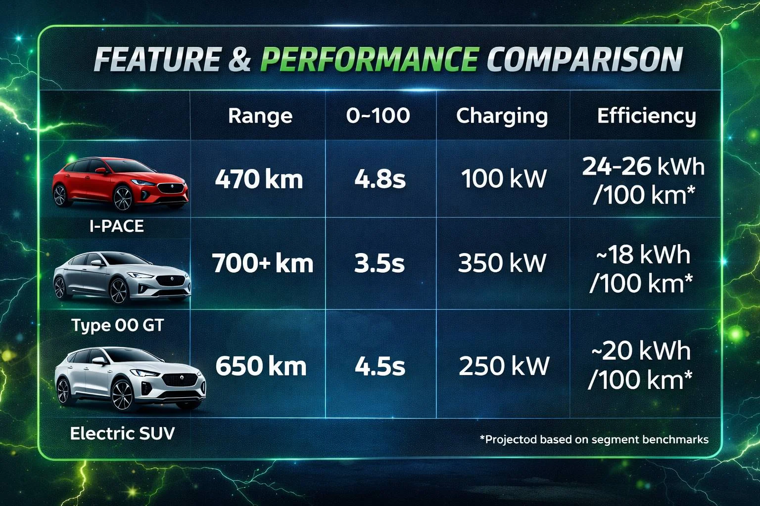 Jaguar electric cars comparison showing range, acceleration, charging speed, and efficiency across models