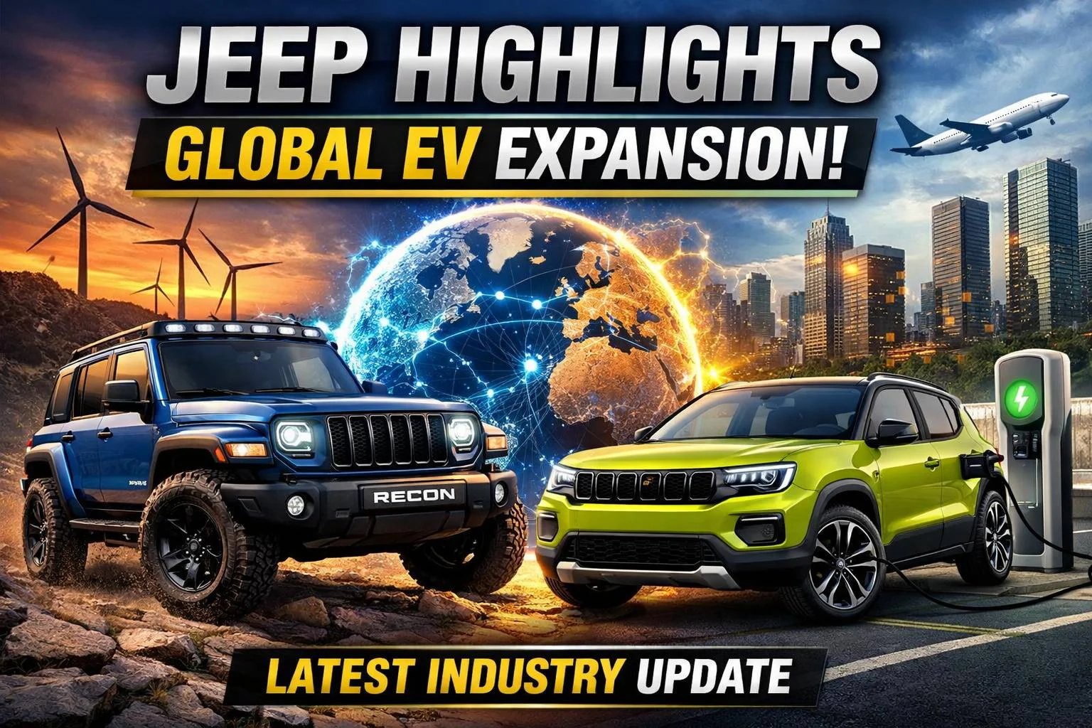 Jeep electric vehicles showcased with a global map, highlighting the brand’s worldwide EV expansion and green initiatives.