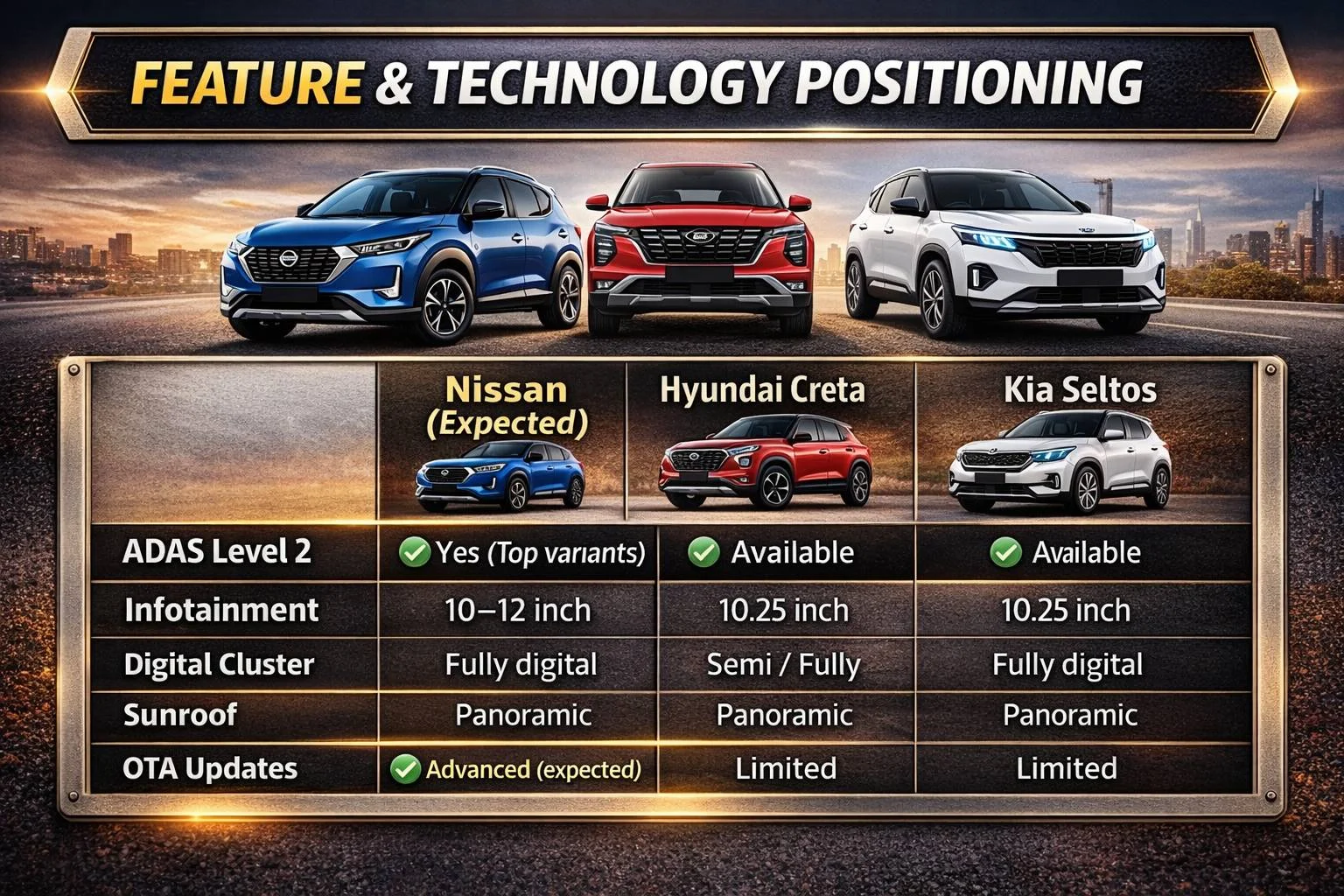 Feature comparison chart showing Nissan upcoming SUV vs Hyundai Creta and Kia Seltos including ADAS, infotainment screen size, digital cluster, sunroof, and OTA updates