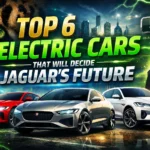 Jaguar electric cars future banner showing EV models, charging icon, and futuristic city background