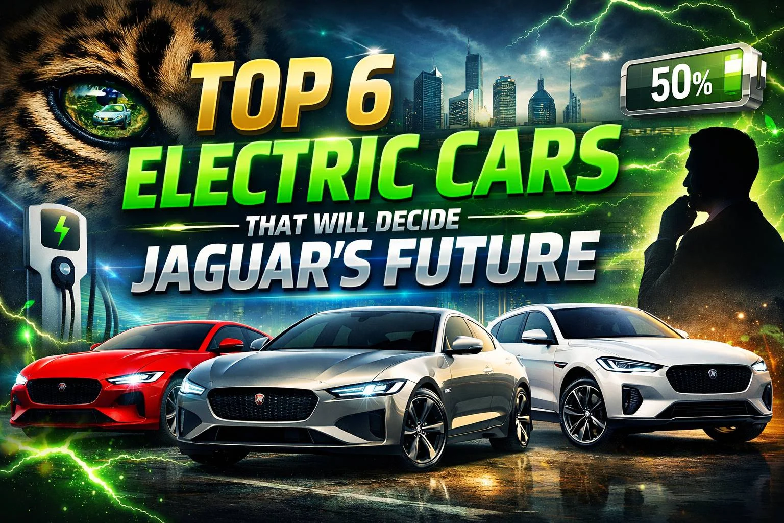 Jaguar electric cars future banner showing EV models, charging icon, and futuristic city background