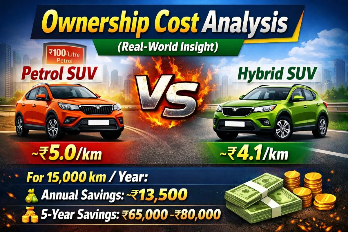 Ownership cost comparison between petrol SUV and hybrid SUV showing ₹5.0/km vs ₹4.1/km with annual savings of ₹13,500 and 5-year savings up to ₹80,000.