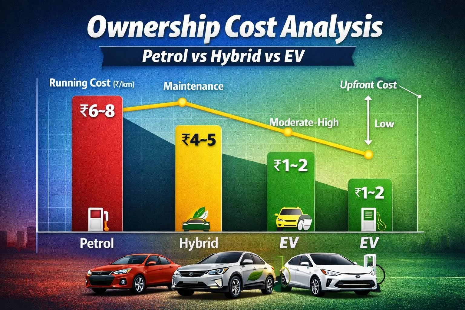 ownership cost comparison graph showing petrol vs hybrid vs electric vehicles running cost maintenance and upfront cost in India
