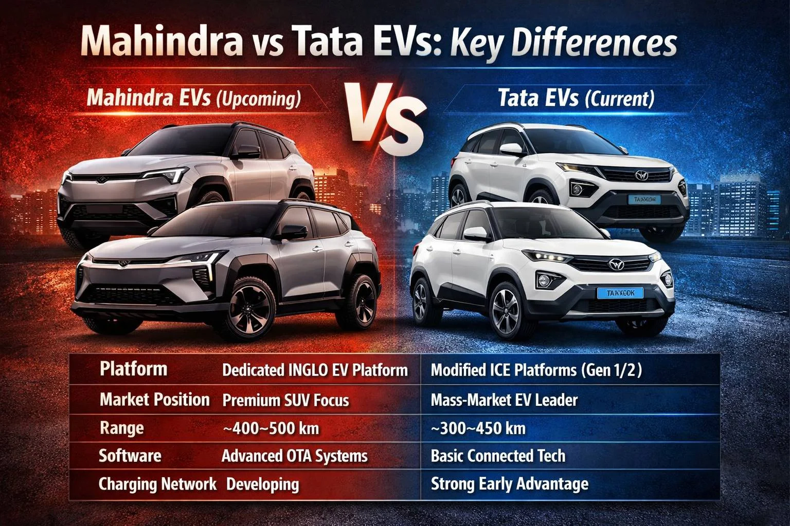 Mahindra vs Tata EVs comparison showing platform range software features and charging network differences
