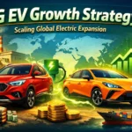 MG electric vehicles with charging stations, battery packs, and global expansion growth chart illustrating EV strategy