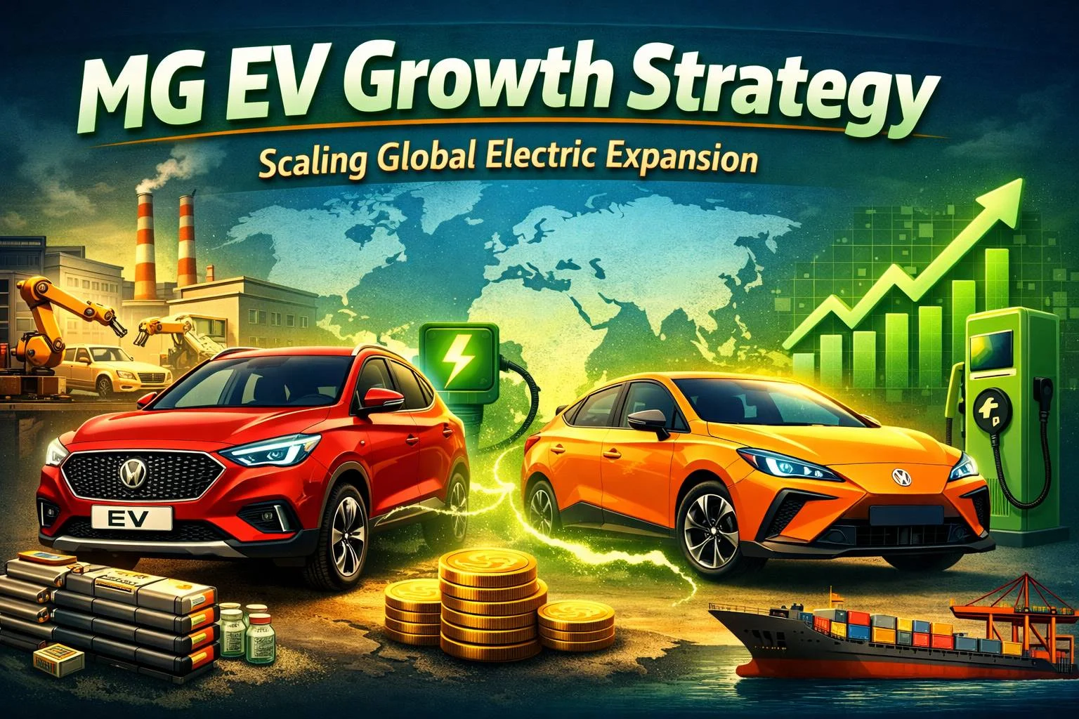 MG electric vehicles with charging stations, battery packs, and global expansion growth chart illustrating EV strategy