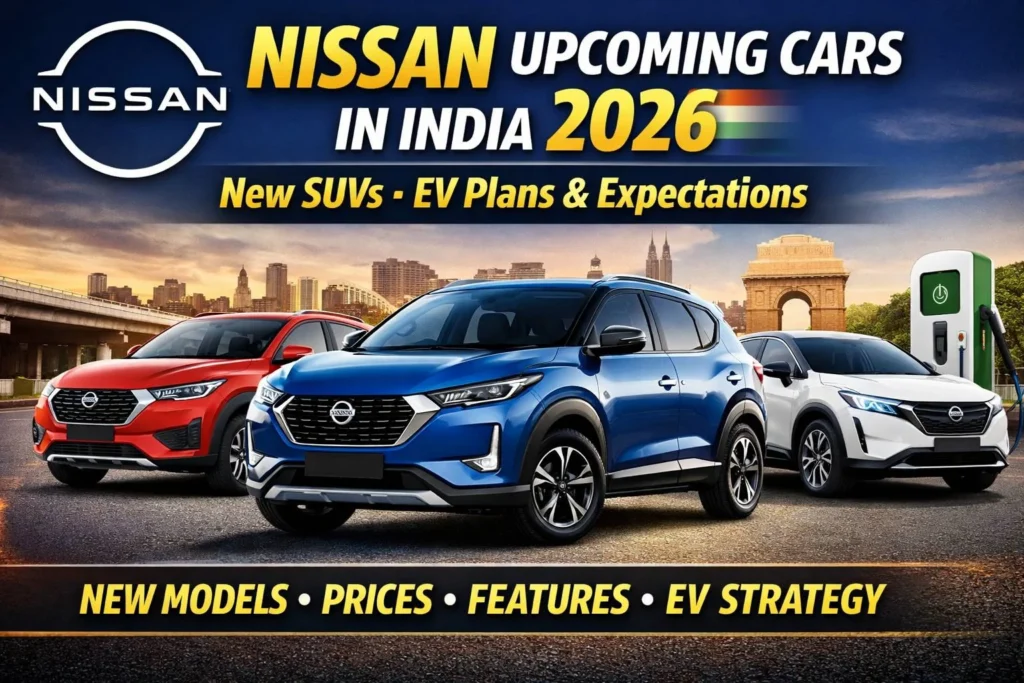 Nissan upcoming cars India 2026 thumbnail showing compact SUV, mid-size SUV, and electric vehicle with city background and EV charging station