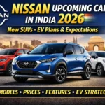 Nissan upcoming cars India 2026 thumbnail showing compact SUV, mid-size SUV, and electric vehicle with city background and EV charging station