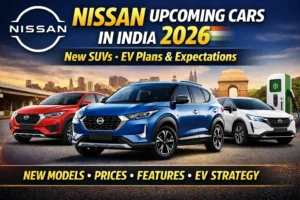 Nissan upcoming cars India 2026 thumbnail showing compact SUV, mid-size SUV, and electric vehicle with city background and EV charging station