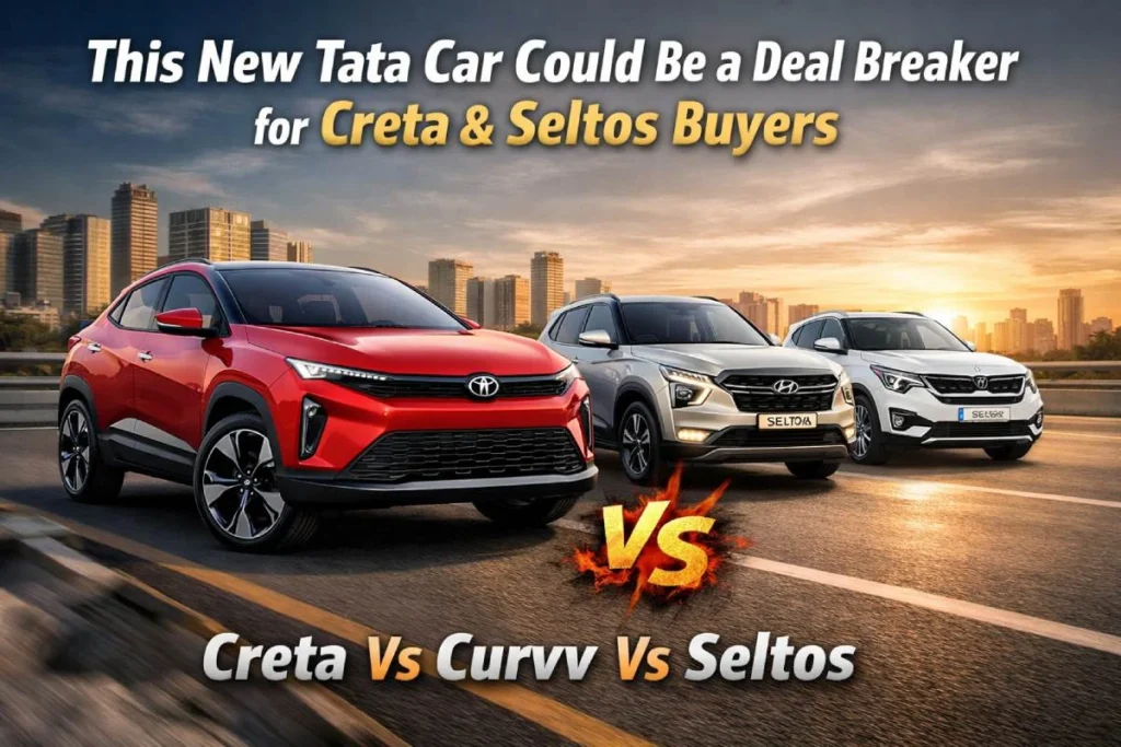 Tata Curvv vs Hyundai Creta vs Kia Seltos comparison showing design, features, and price differences in 2026 SUV segment