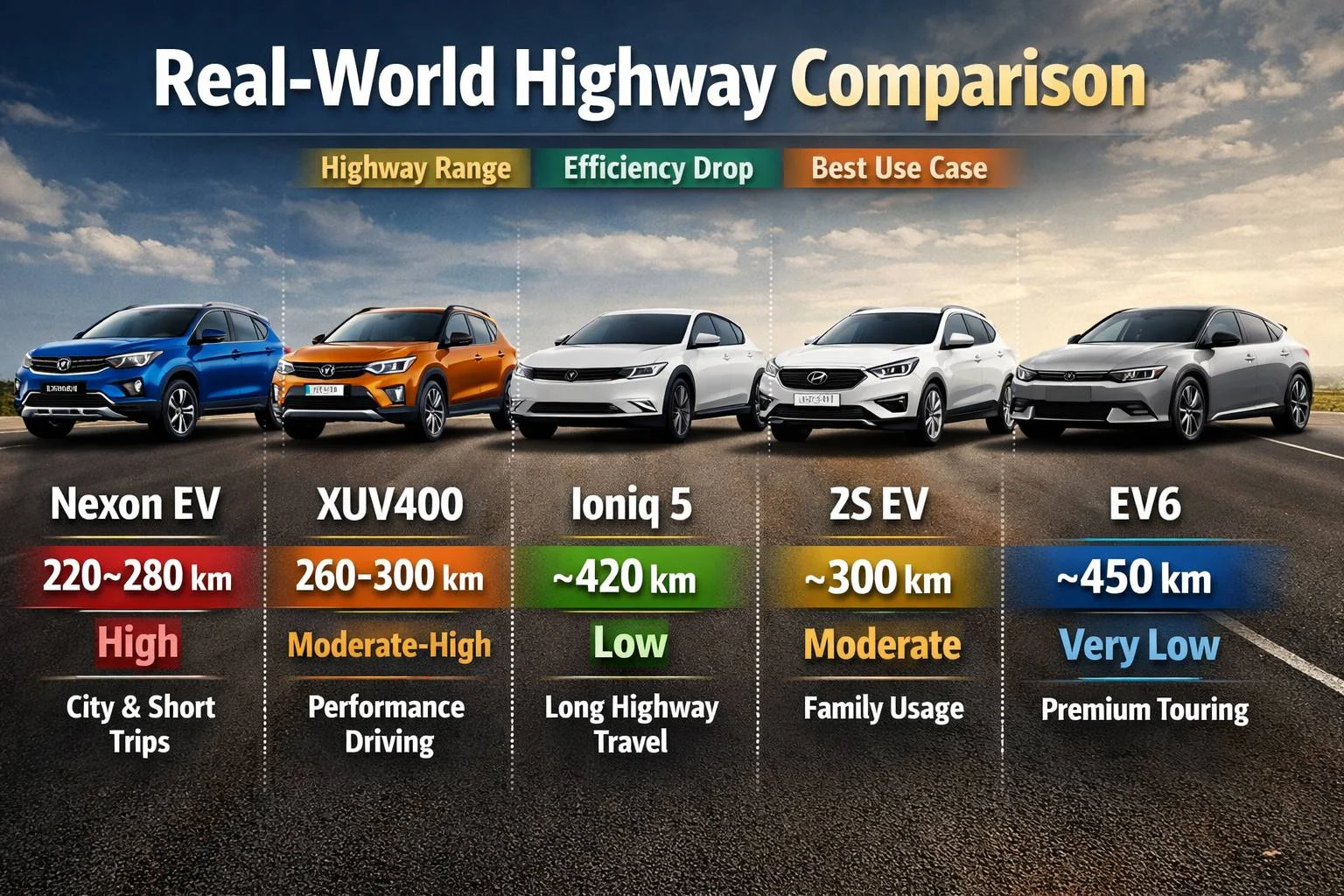 Real-world highway comparison of top EV cars in India 2026 showing range, efficiency drop, and best use cases for Nexon EV, XUV400, Ioniq 5, ZS EV, and EV6.