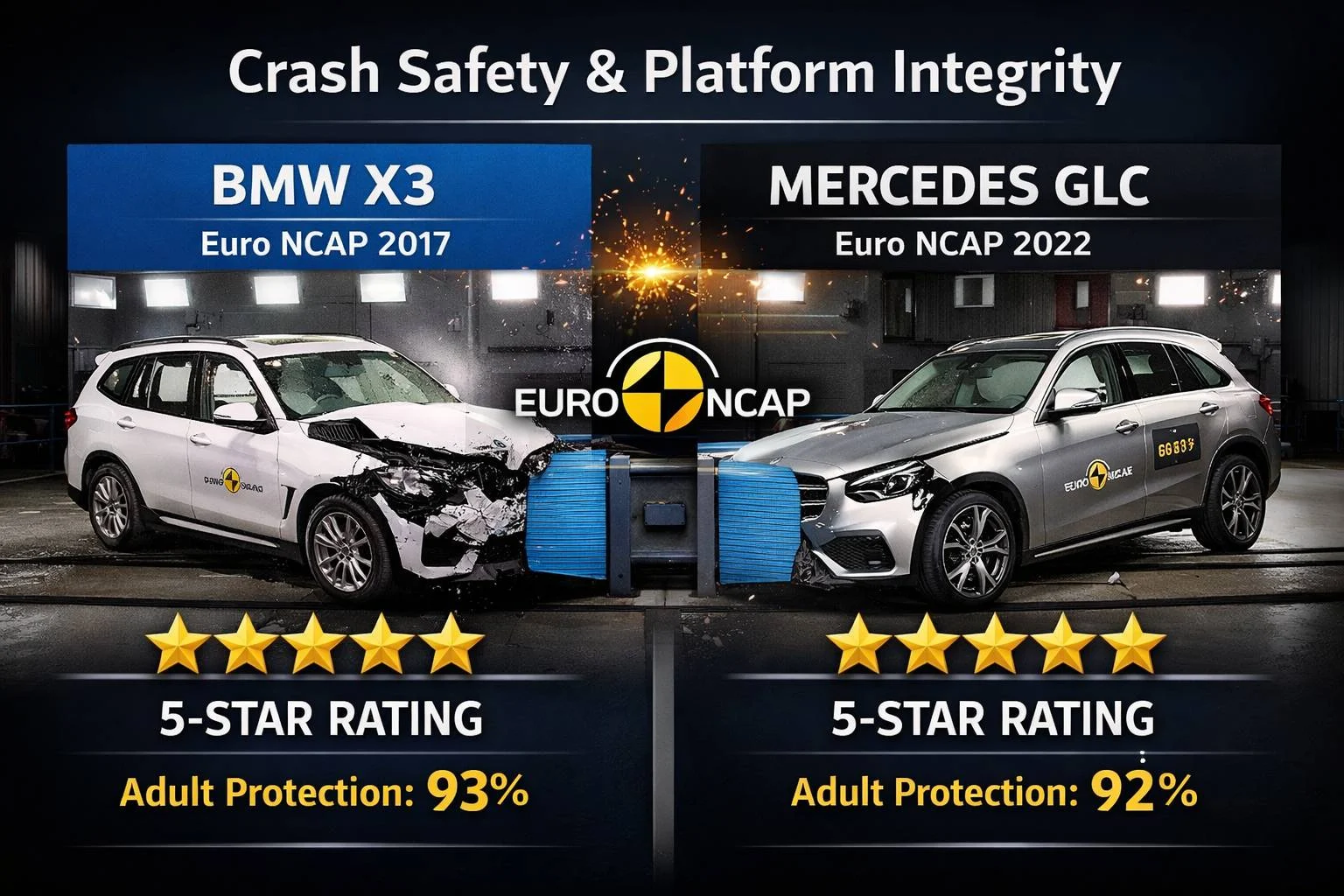 BMW X3 vs Mercedes GLC crash test comparison showing Euro NCAP 5-star ratings with 93% and 92% adult occupant protection scores