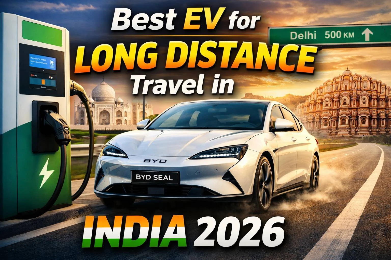 BYD Seal electric car on Indian highway with charging station and landmarks representing long distance EV travel in India 2026