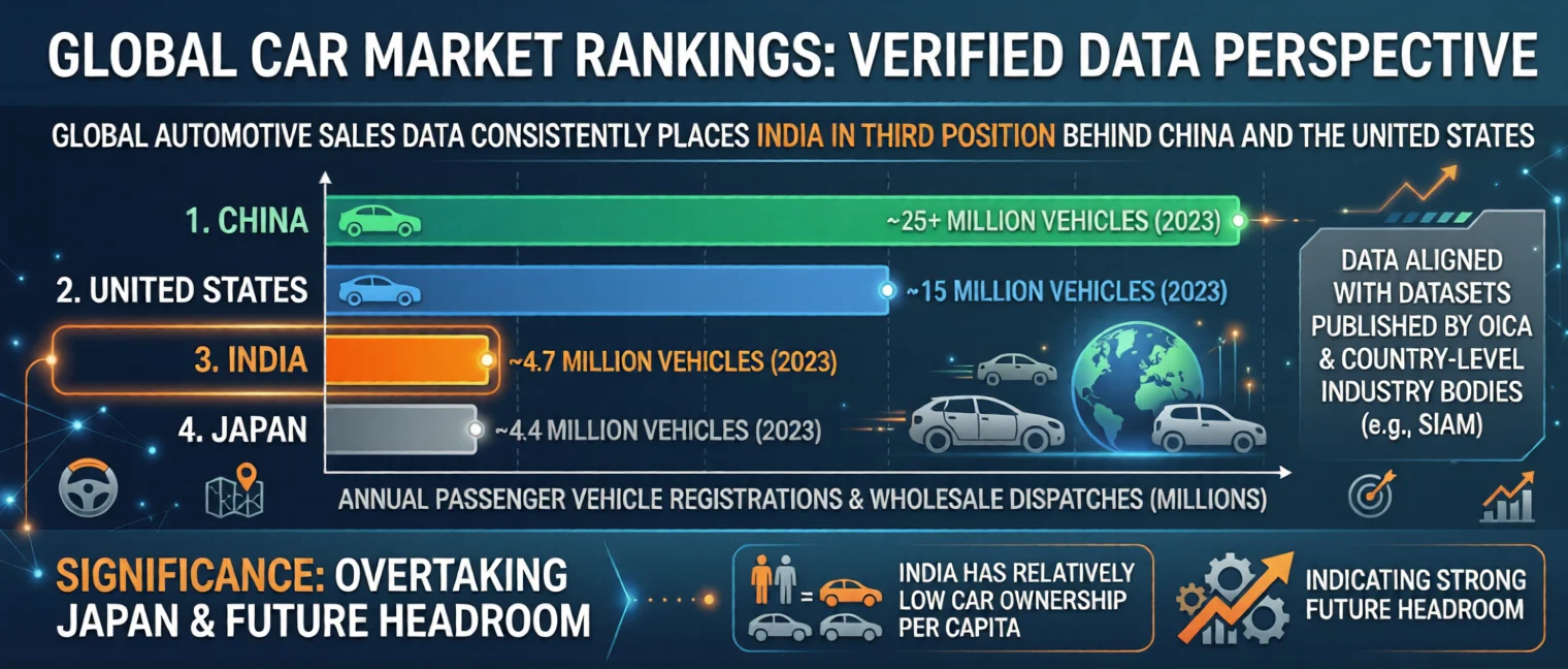 A horizontal bar graph titled "Global Car Market Rankings: Verified Data Perspective" showing annual vehicle sales for 2023. China leads with ~25+ million, followed by the United States with ~15 million, India in third with ~4.7 million, and Japan in fourth with ~4.4 million. The graphic highlights India's growth and future potential due to low per-capita ownership.