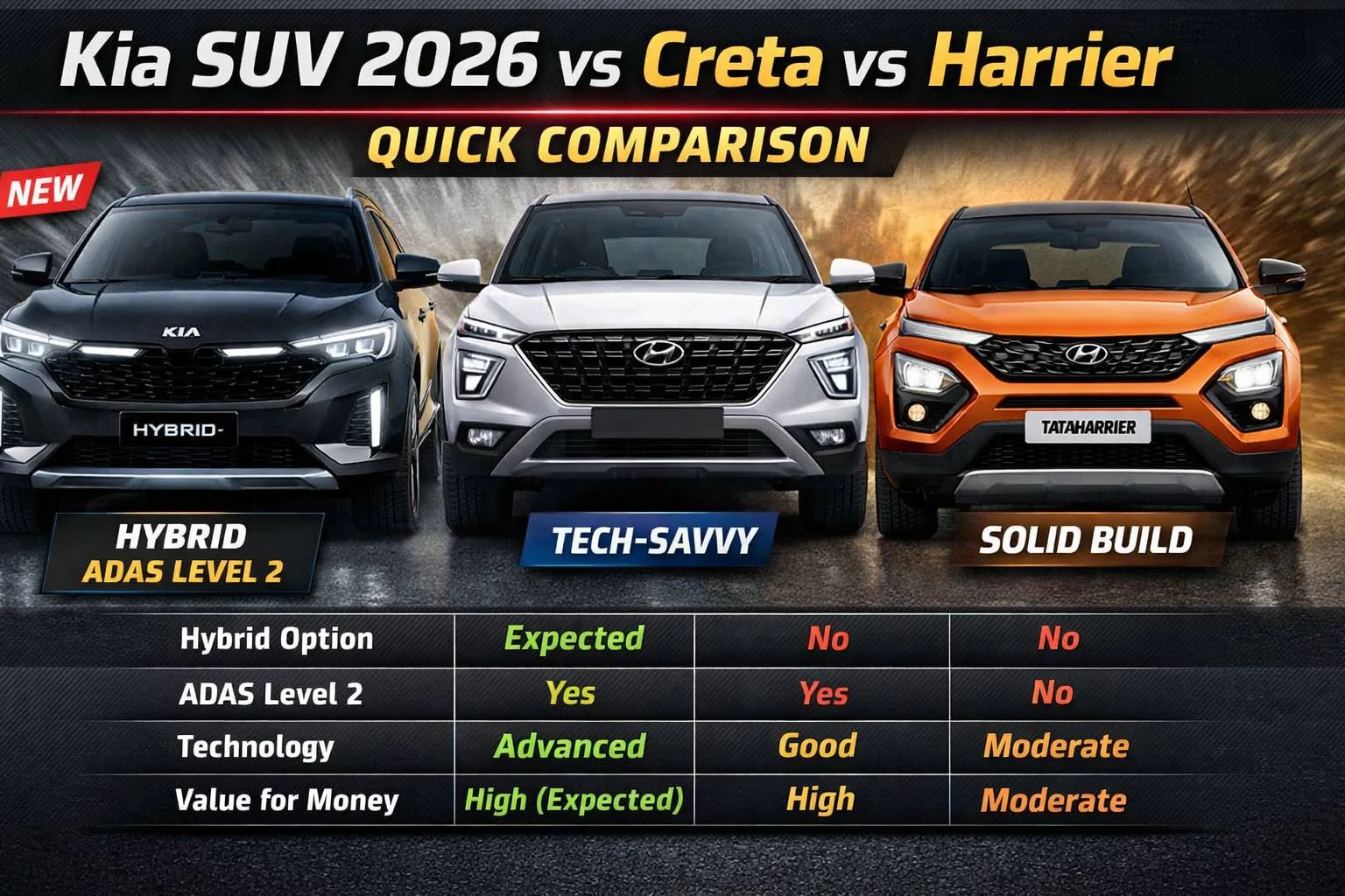 Kia SUV 2026 vs Hyundai Creta vs Tata Harrier comparison showing hybrid option ADAS technology and value for money