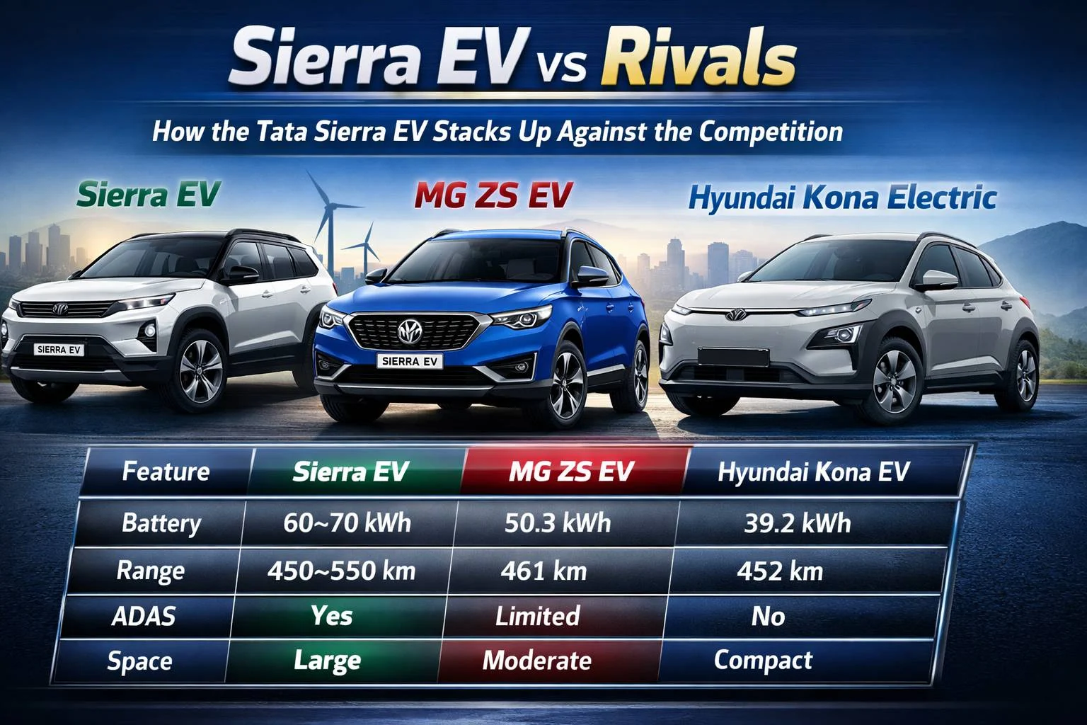 Comparison banner showing Tata Sierra EV, MG ZS EV, and Hyundai Kona Electric with battery capacity, driving range, ADAS features, and space differences