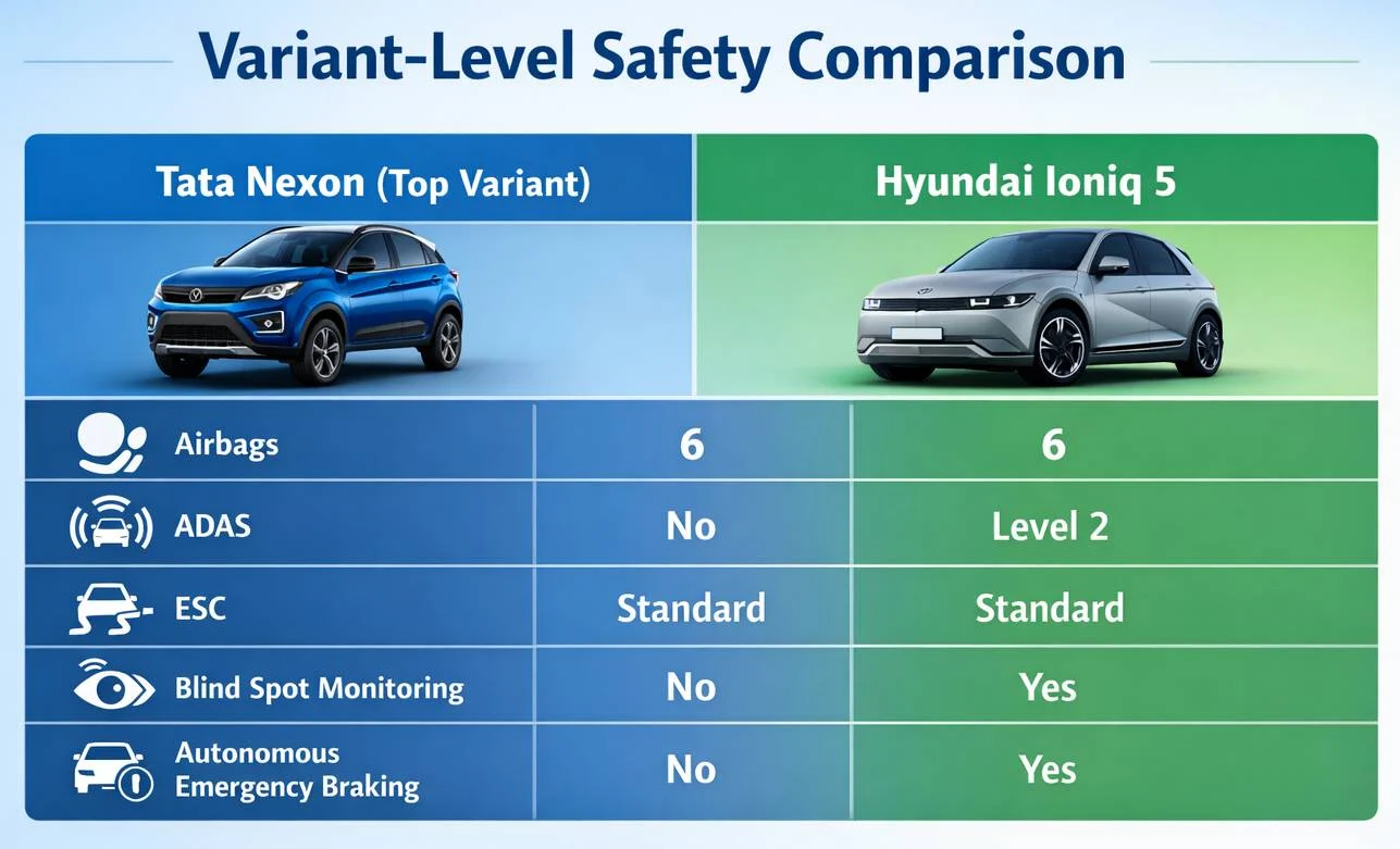 Tata Nexon vs Hyundai Ioniq 5 safety comparison showing airbags, ADAS, ESC, blind spot monitoring and autonomous emergency braking features