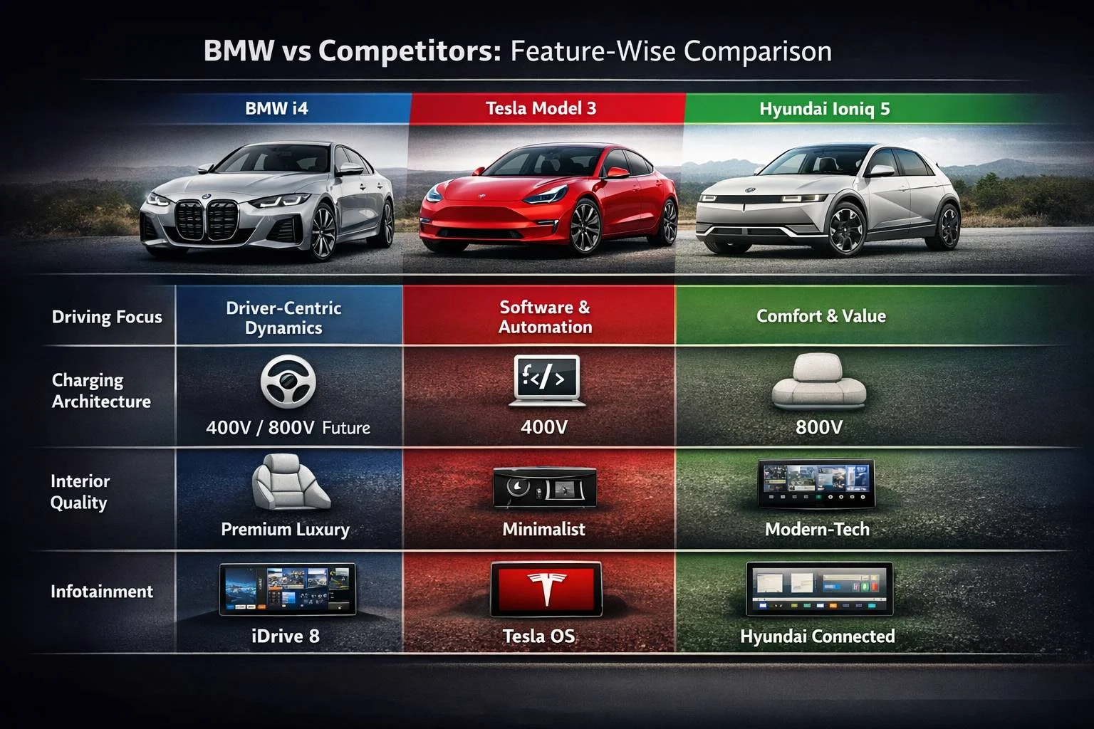Feature comparison infographic of BMW i4, Tesla Model 3, and Hyundai Ioniq 5 showing driving focus, charging architecture, interior quality, and infotainment systems