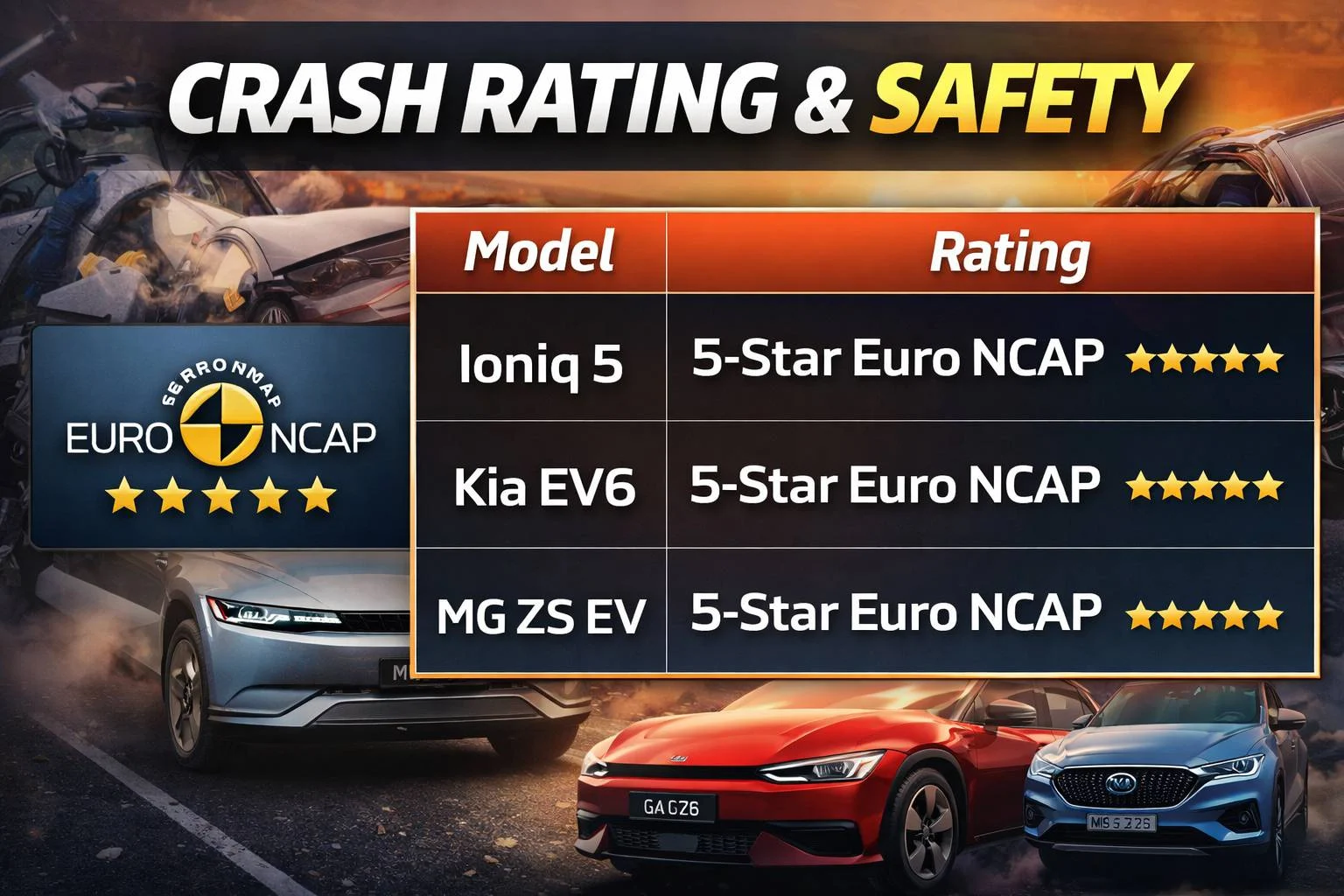 Crash rating and safety comparison banner showing Hyundai Ioniq 5, Kia EV6, and MG ZS EV with 5-star Euro NCAP ratings Crash rating and safety comparison banner showing Hyundai Ioniq 5, Kia EV6, and MG ZS EV with 5-star Euro NCAP ratings