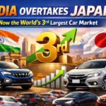 India surpasses Japan to become the world’s third largest car market, with growth chart, cars, and national flags in banner style