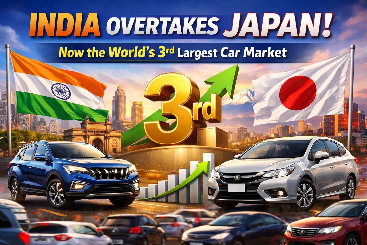 India surpasses Japan to become the world’s third largest car market, with growth chart, cars, and national flags in banner style