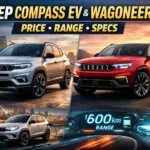 Jeep Compass EV and Wagoneer S electric SUVs showing design, charging setup and 600 km range concept