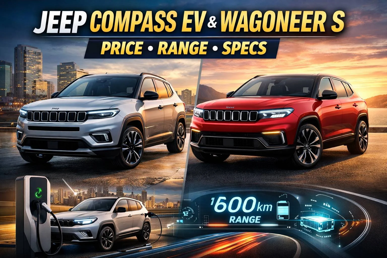 Jeep Compass EV and Wagoneer S electric SUVs showing design, charging setup and 600 km range concept