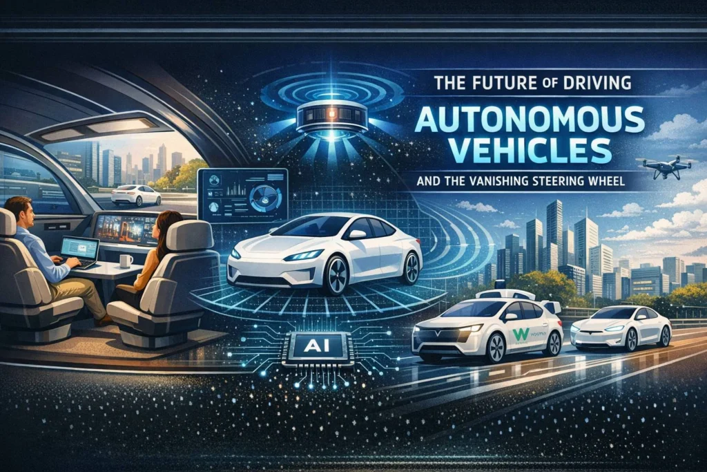 Futuristic autonomous car interior without a steering wheel
