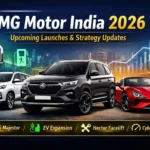 MG Motor India 2026 banner showing MG Hector, Majestor SUV and Cyberster electric roadster with EV strategy and upcoming launches