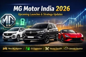 MG Motor India 2026 banner showing MG Hector, Majestor SUV and Cyberster electric roadster with EV strategy and upcoming launches