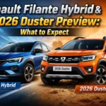 Renault Filante Hybrid crossover and 2026 Duster SUV preview banner showing both vehicles with modern hybrid and rugged SUV design