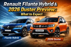 Renault Filante Hybrid crossover and 2026 Duster SUV preview banner showing both vehicles with modern hybrid and rugged SUV design