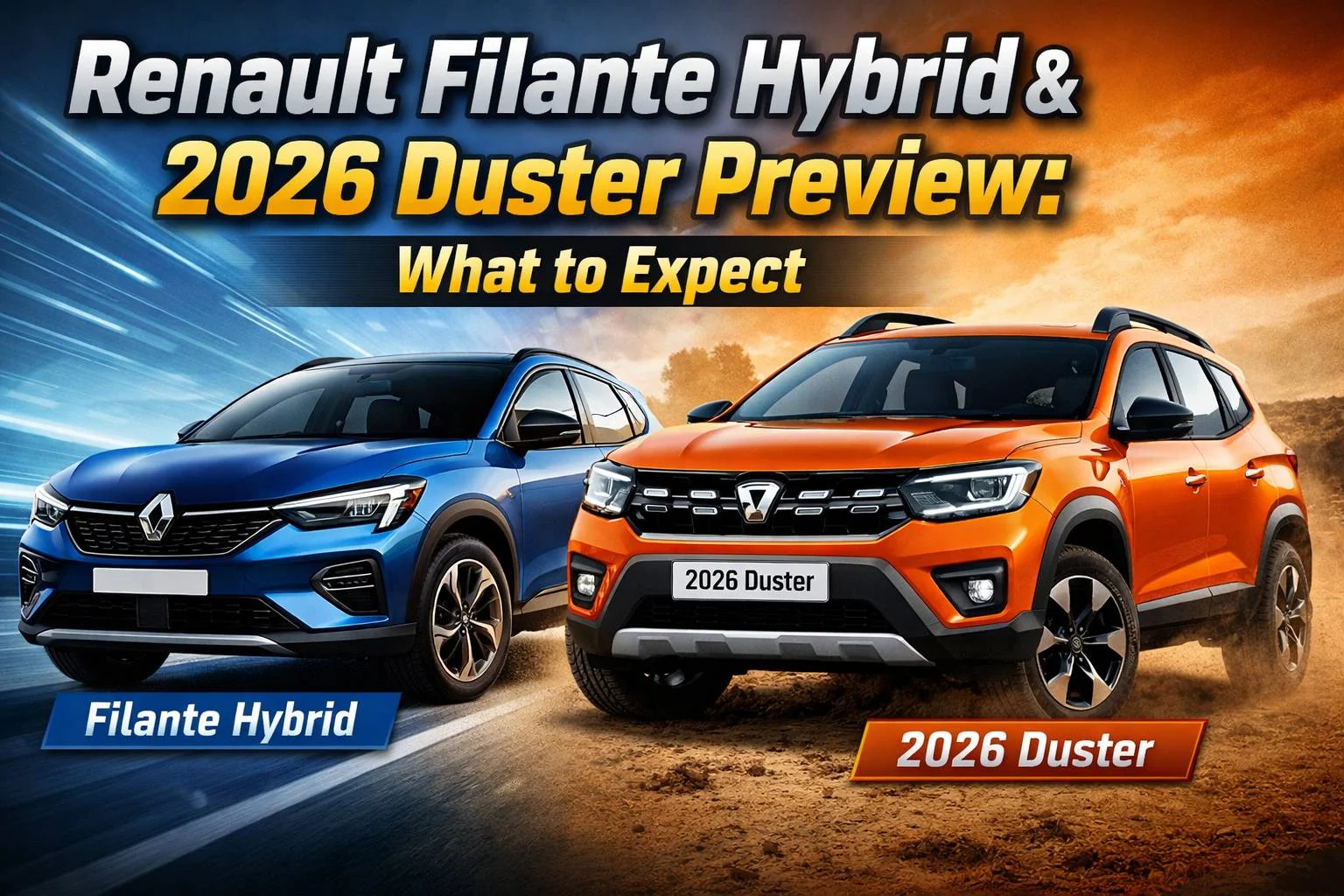 Renault Filante Hybrid crossover and 2026 Duster SUV preview banner showing both vehicles with modern hybrid and rugged SUV design