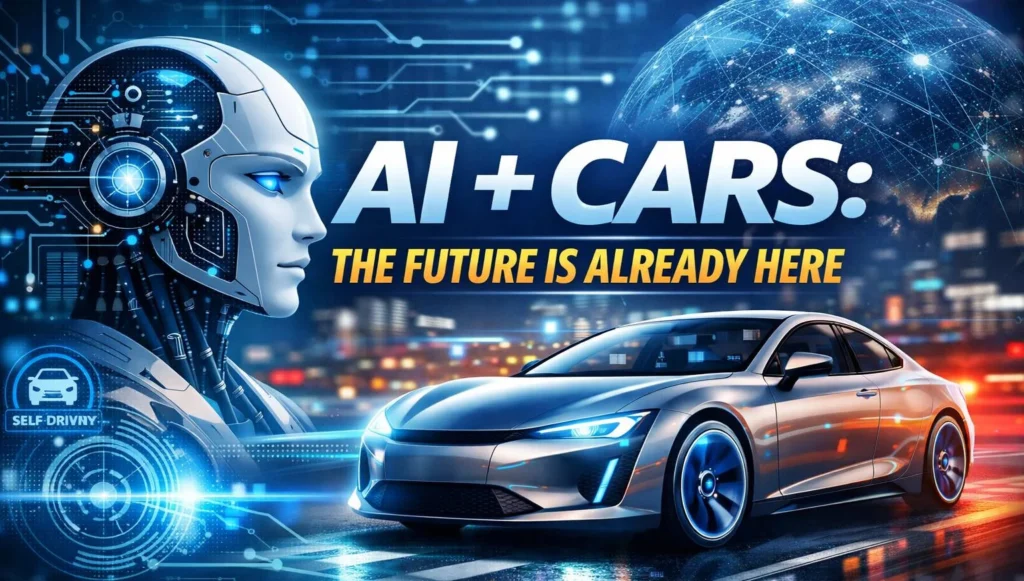 AI-powered self-driving car with futuristic robot interface in smart city at night