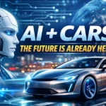 AI-powered self-driving car with futuristic robot interface in smart city at night