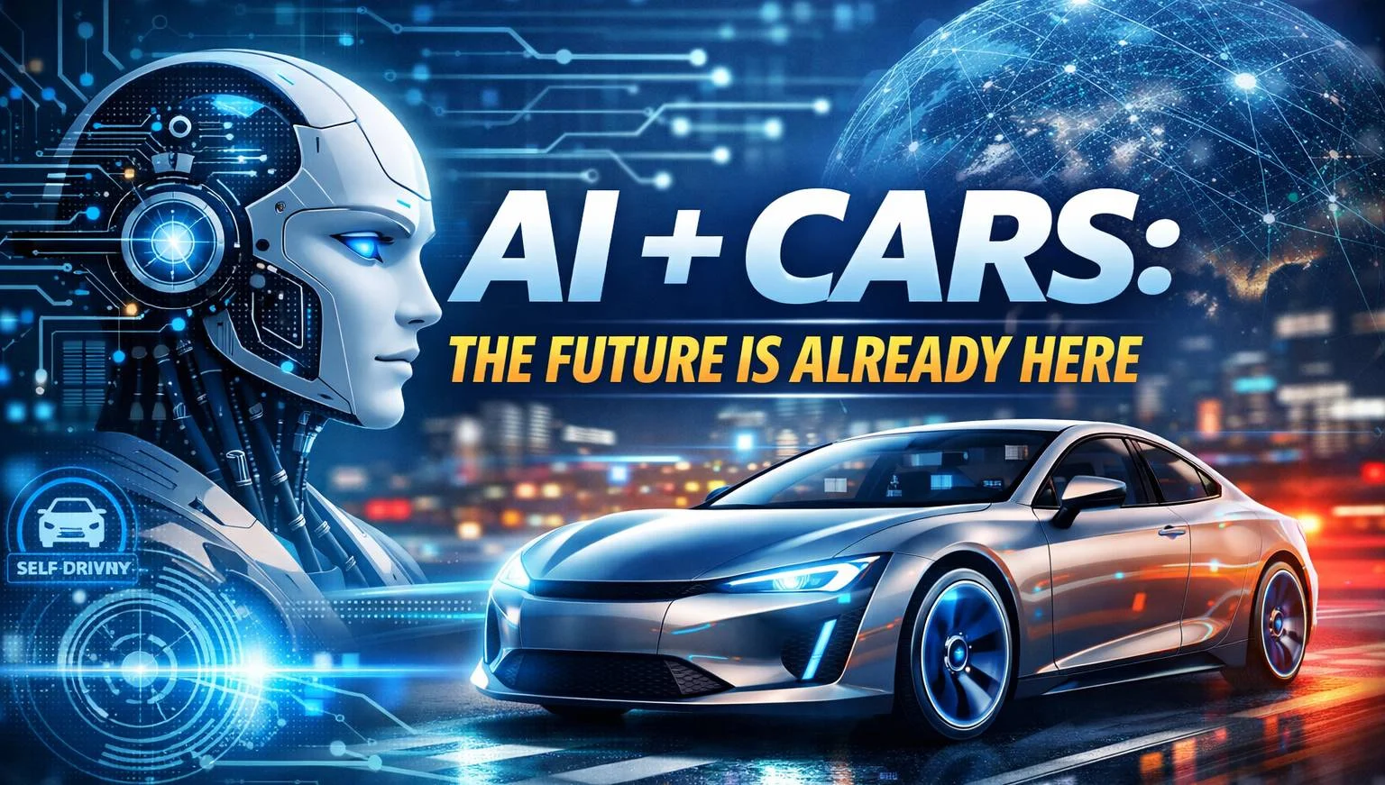 AI-powered self-driving car with futuristic robot interface in smart city at night