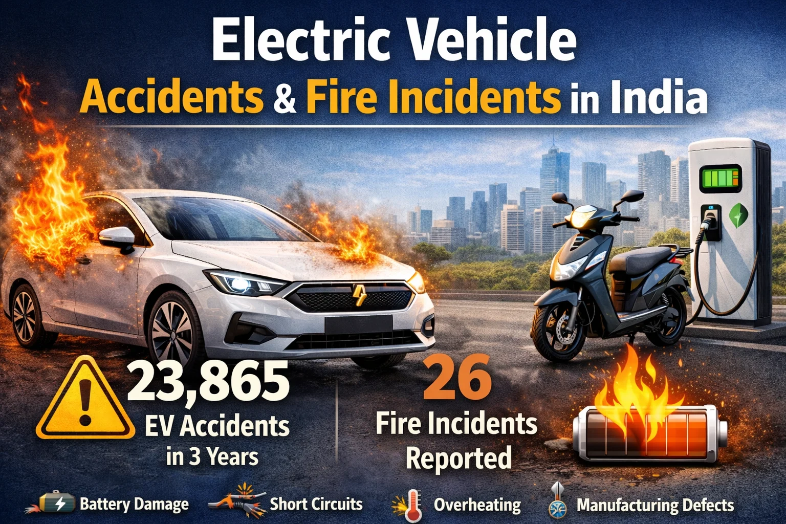 Infographic titled "Electric Vehicle Accidents & Fire Incidents in India" showing a car on fire, a scooter charging, and statistics of 23,865 accidents and 26 fire cases over three years due to battery damage, short circuits, overheating, and manufacturing defects.