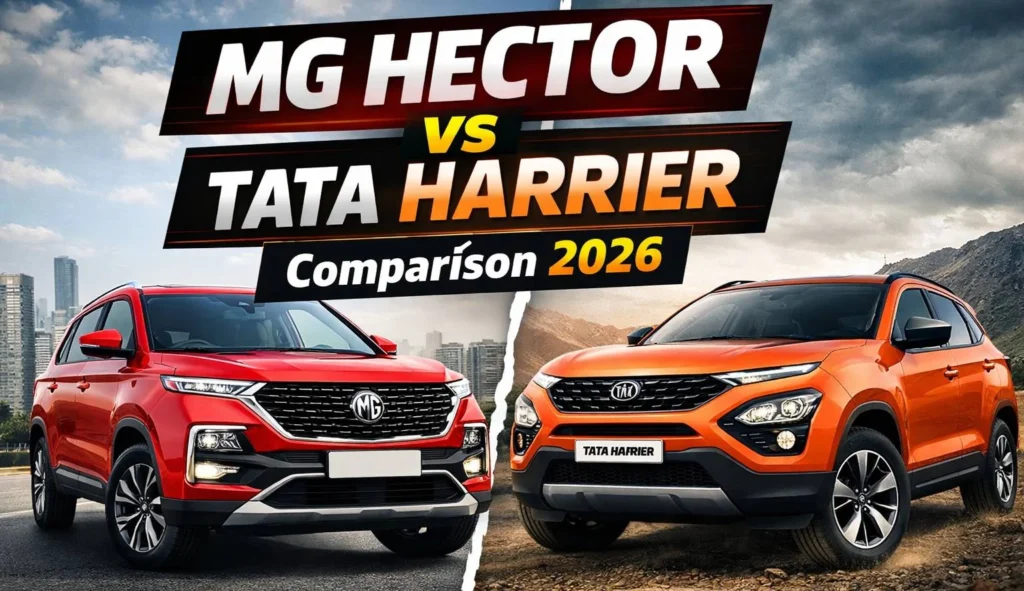 MG Hector vs Tata Harrier comparison thumbnail showing both SUVs side by side with bold 2026 comparison title