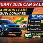 January 2026 car sales in India showing Tata Nexon leading SUVs, with Hyundai Creta and Mahindra Scorpio in background and text 'January 2026 Car Sales