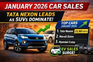 January 2026 car sales in India showing Tata Nexon leading SUVs, with Hyundai Creta and Mahindra Scorpio in background and text 'January 2026 Car Sales