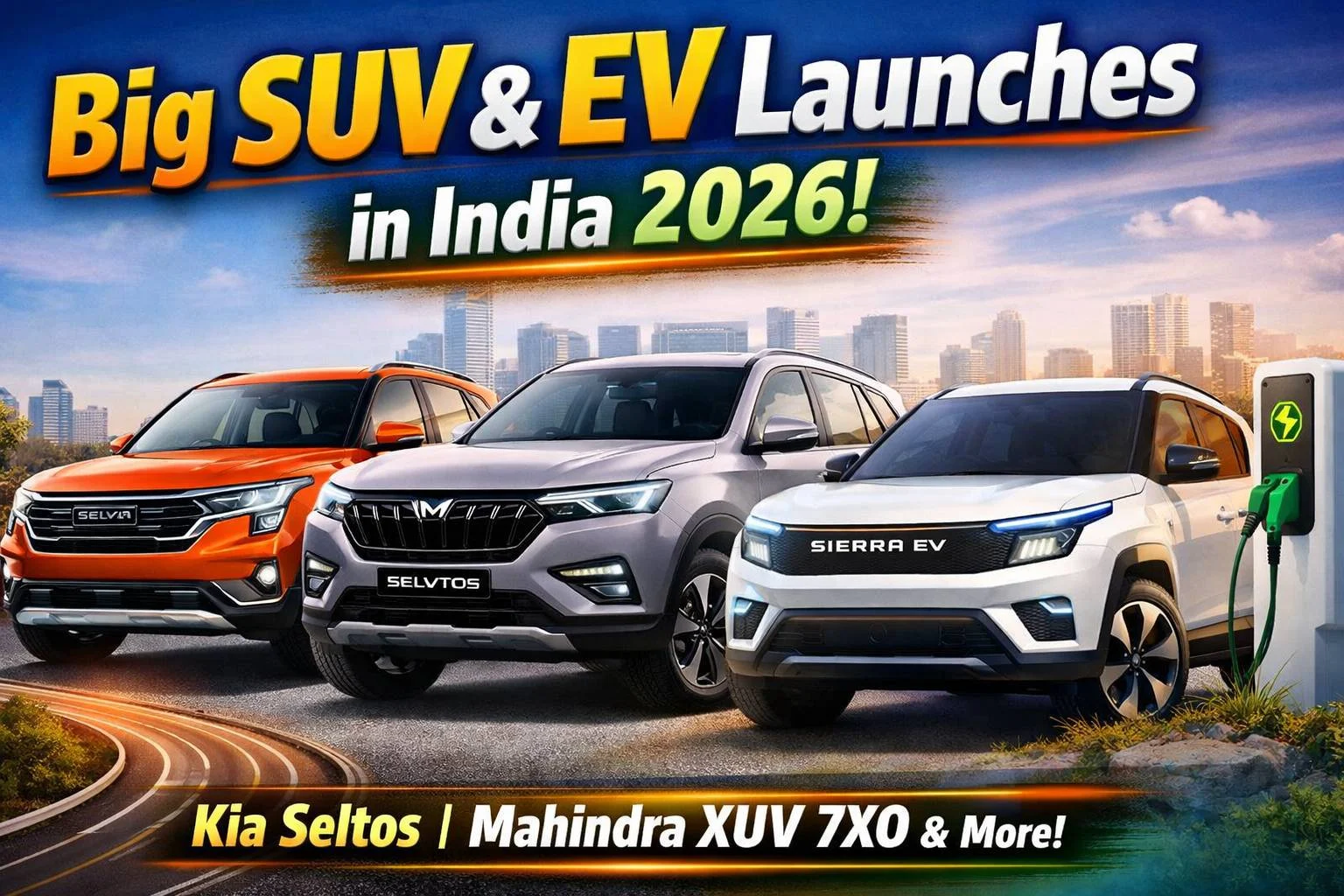 Upcoming SUV and EV launches in India 2026 featuring Kia Seltos, Mahindra XUV 7XO and Sierra EV models.