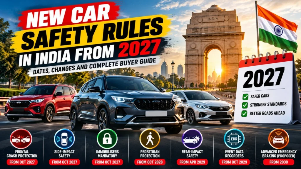 New car safety rules in India from 2027 showing crash protection, immobilisers, pedestrian safety and upcoming vehicle safety standards.